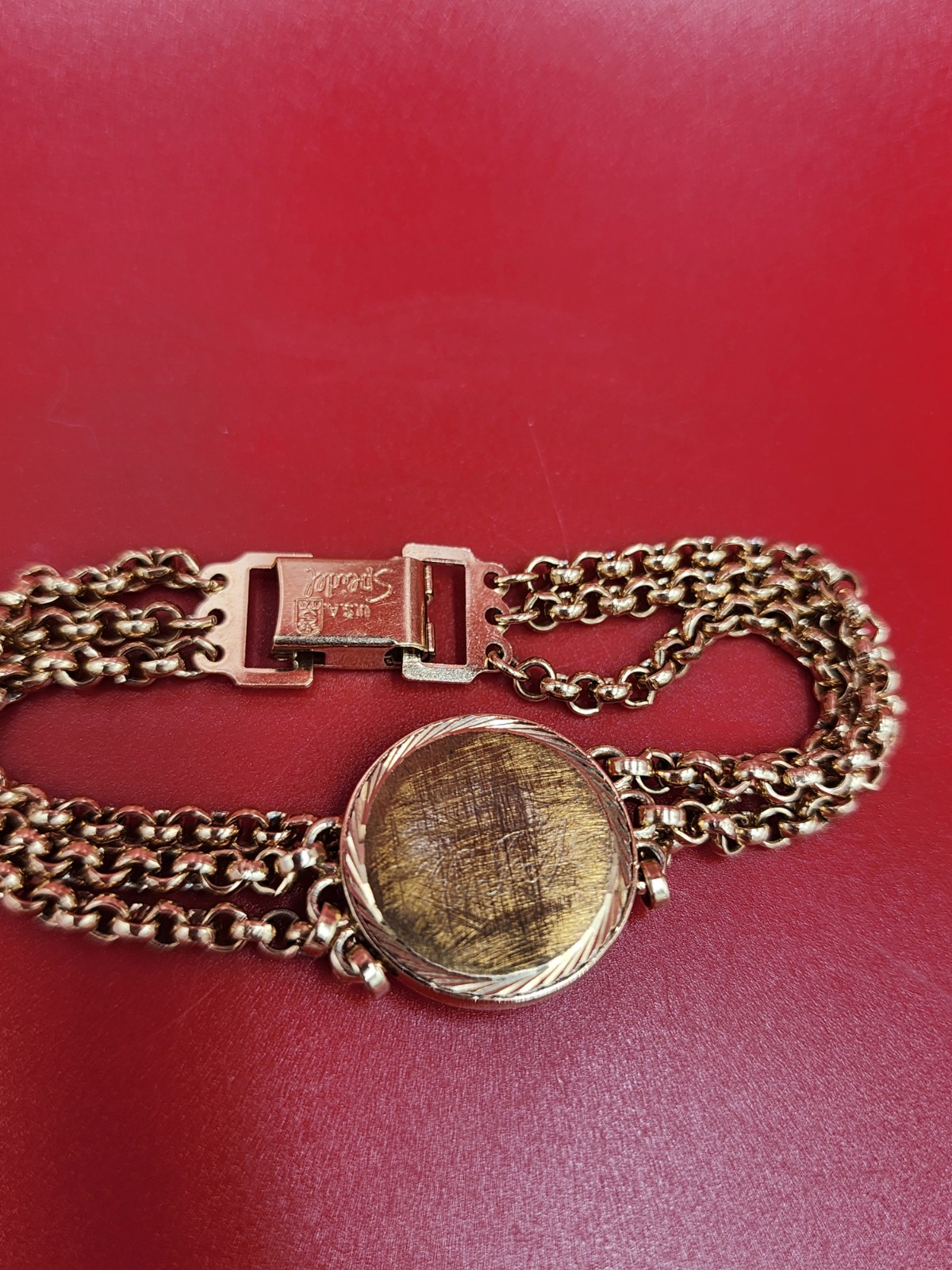 Vintage Speidel 1970s Engrave ID- style Plate Triple Band Gold Metal Bracelet