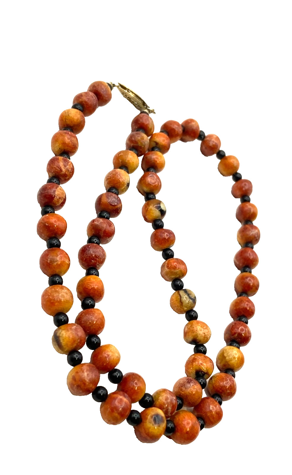 Vintage Apple Sponge Coral Red/Orange Beaded Necklace Black Agate? Gold Tone 24″