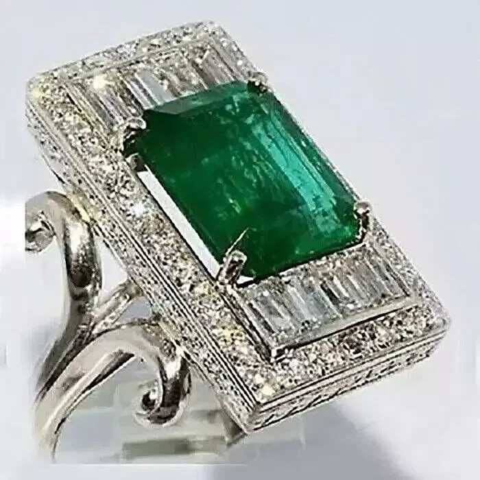 Vintage Style 6 Ct Green Emerald Cut Diamond Engagement 14K White Gold FN Ring