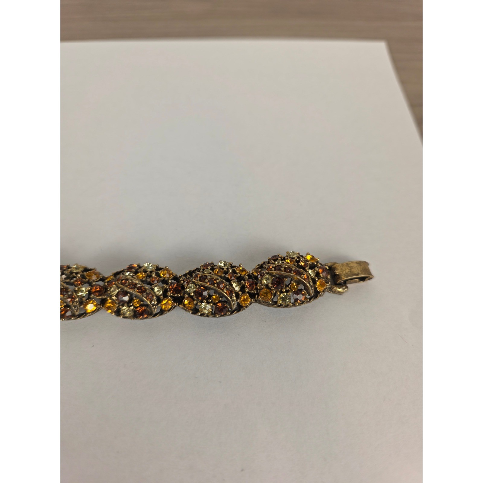 Selini Vintage Gold Tone Multi Amber Rhinestone Filigree Link Bracelet 7.25in