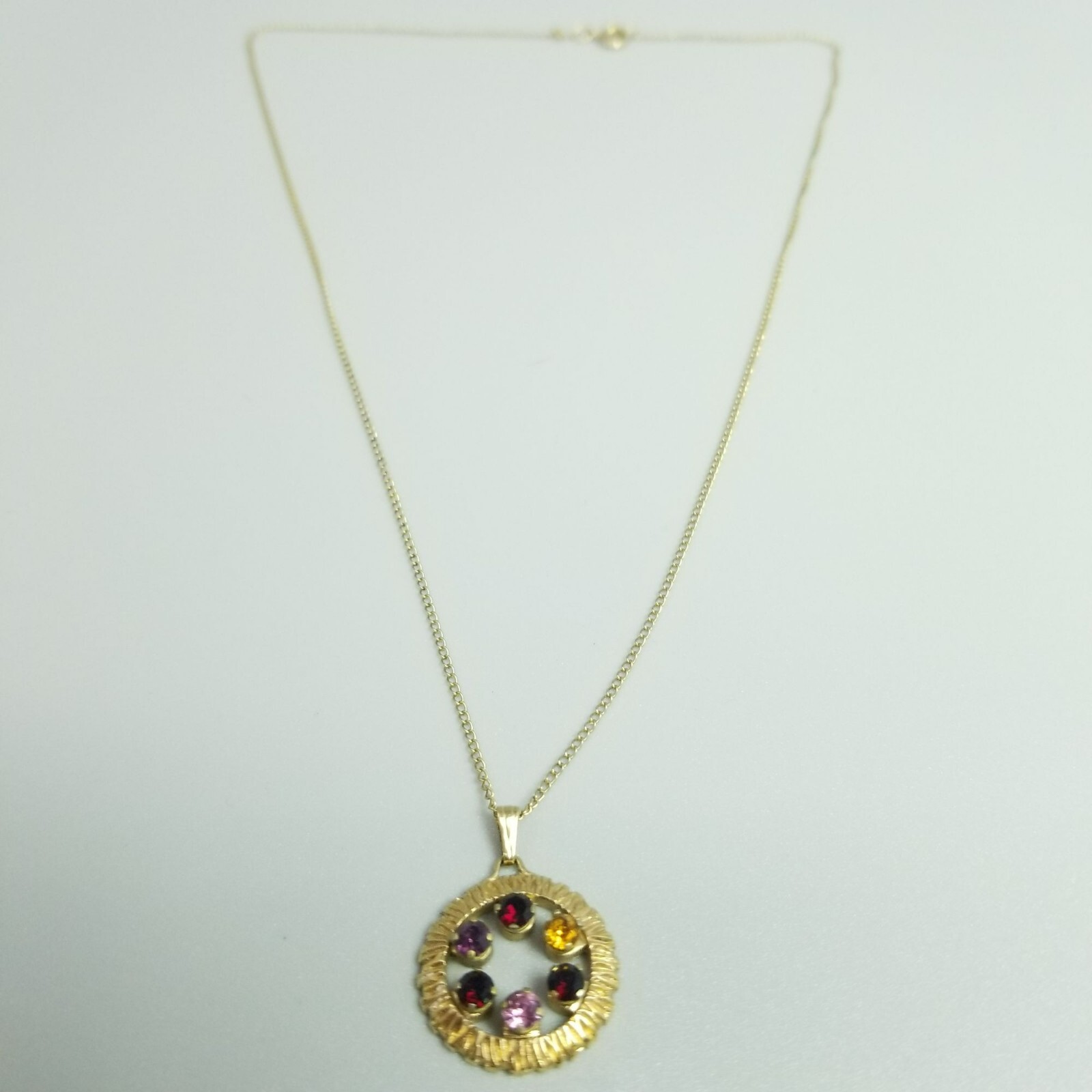 Vintage Anson Red Purple Pink Rhinestone Round Circle Pendant Necklace, 18 Inch