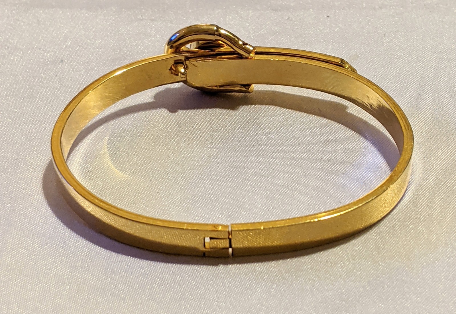 VTG 80s Hinged Bangle Bracelet Pink Crystal Buckle Adjustable Gold Tone Metal