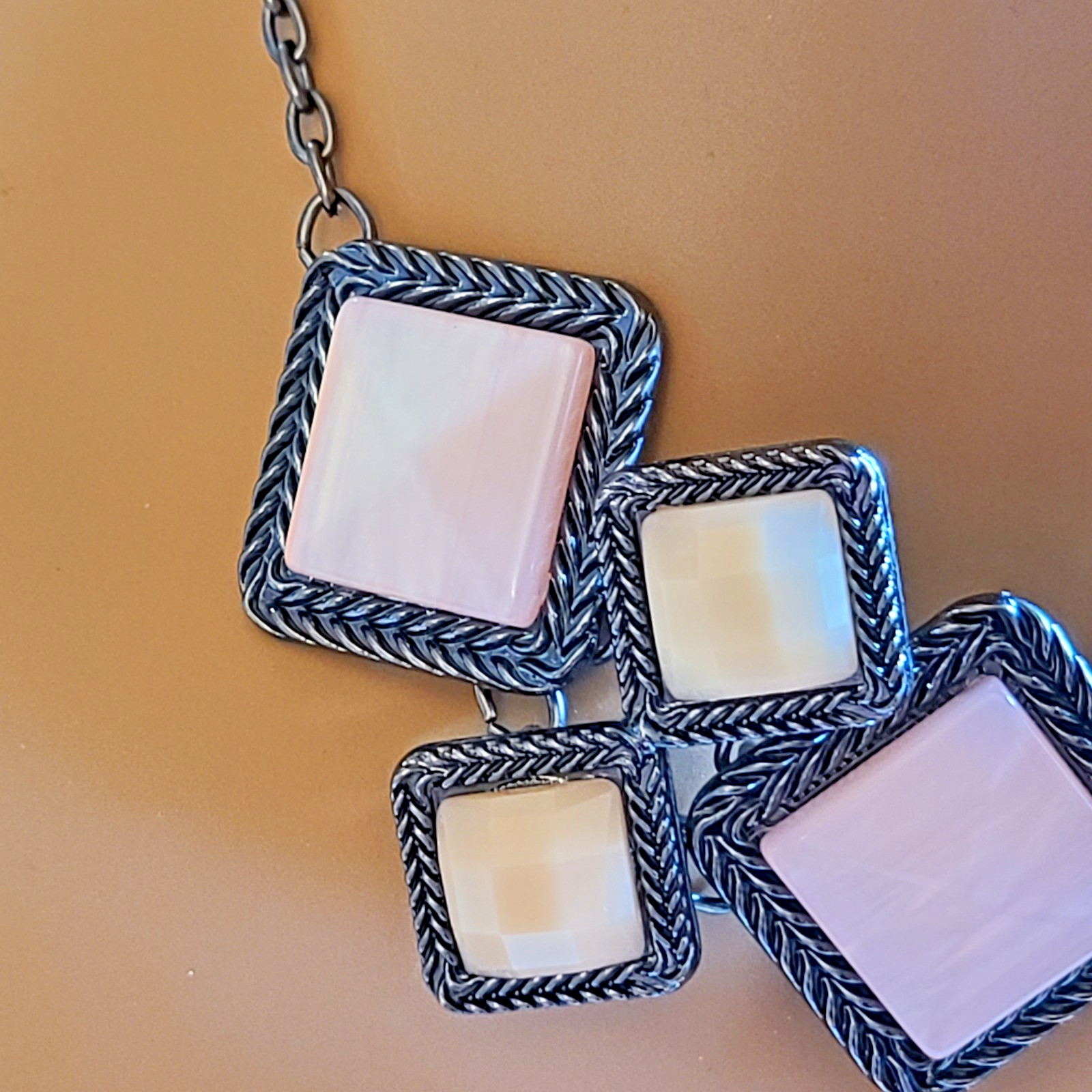 NY Collection Geometric Statement Necklace Gunmetal Pink White Shell Cabochons