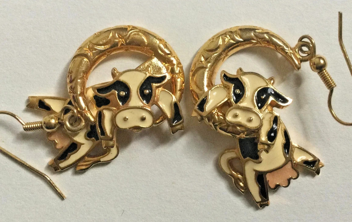 Vintage Cow Earrings Articulated Berebi Jump Over the Moon Enamel Pierced Dangle