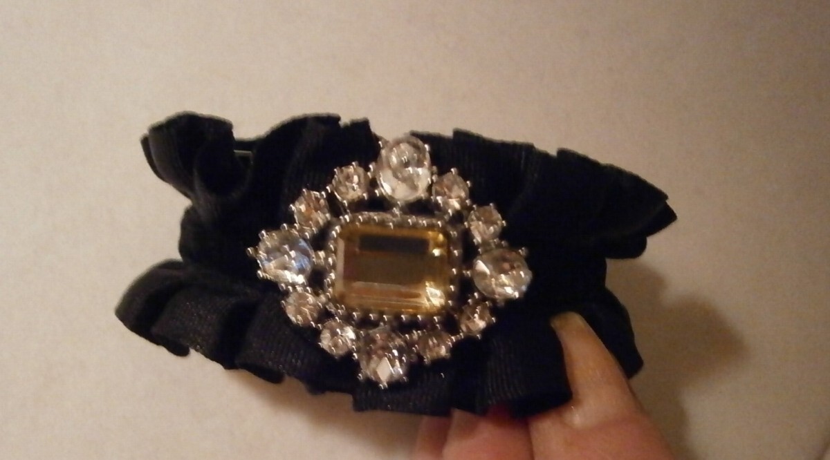 Vintage Yellow White Rhinestone Black Velvet & Satin Ruffle Cuff Bracelet