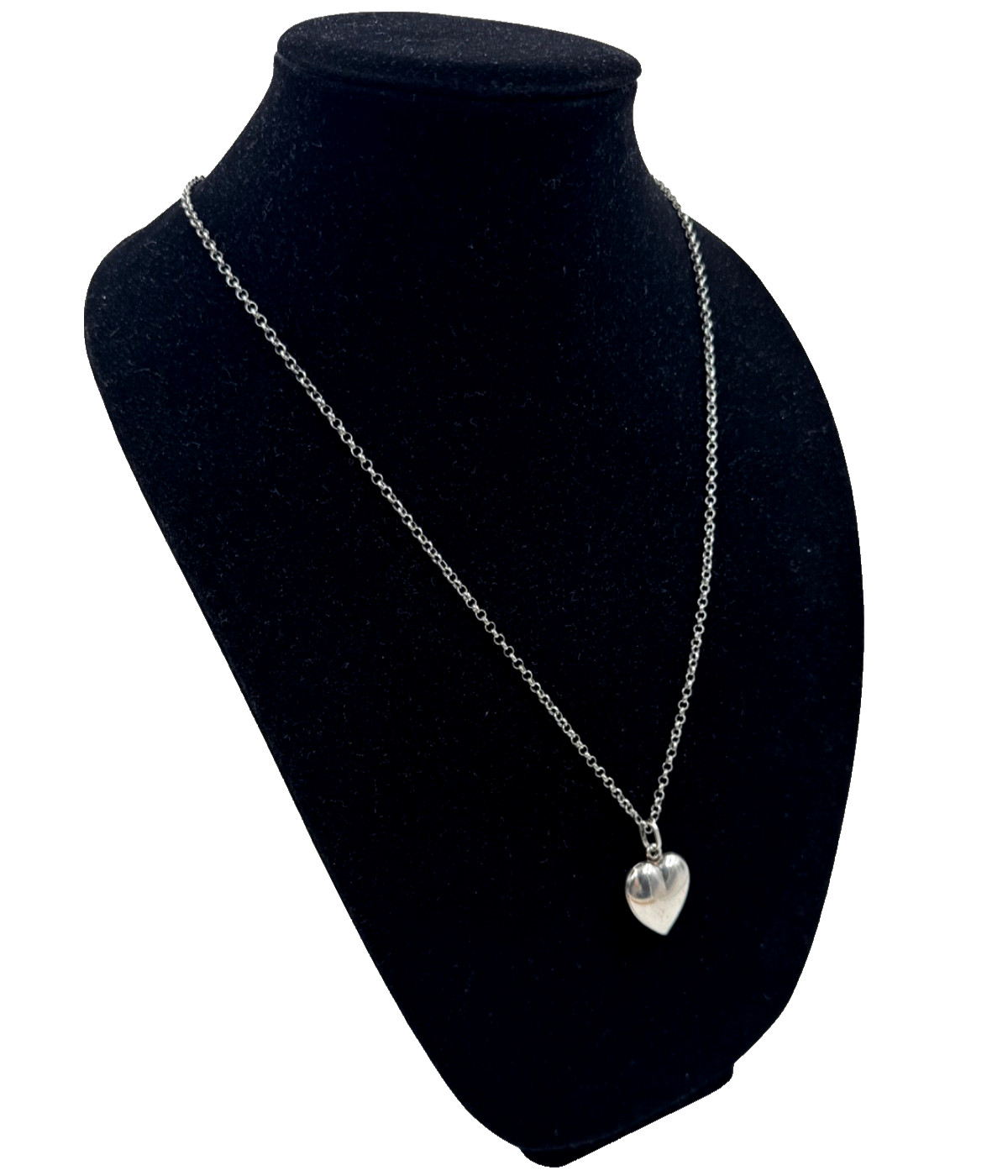 OLD VICTORIAN PUFFY HEART PENDANT ON ROUND LINKS CHAIN STERLING SILVER NECKLACE