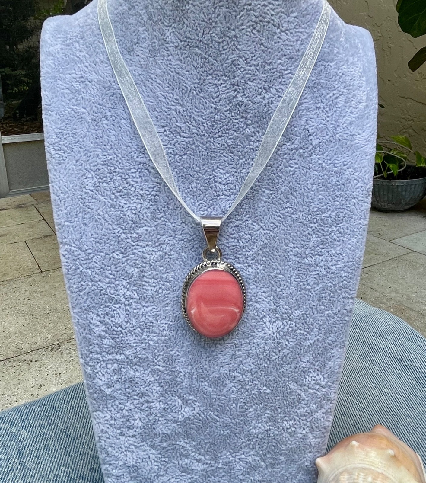 🎥 2″ Beach Peach Pink Spiny Oyster Sterling Silver Mexico Pendant Orange Vtg