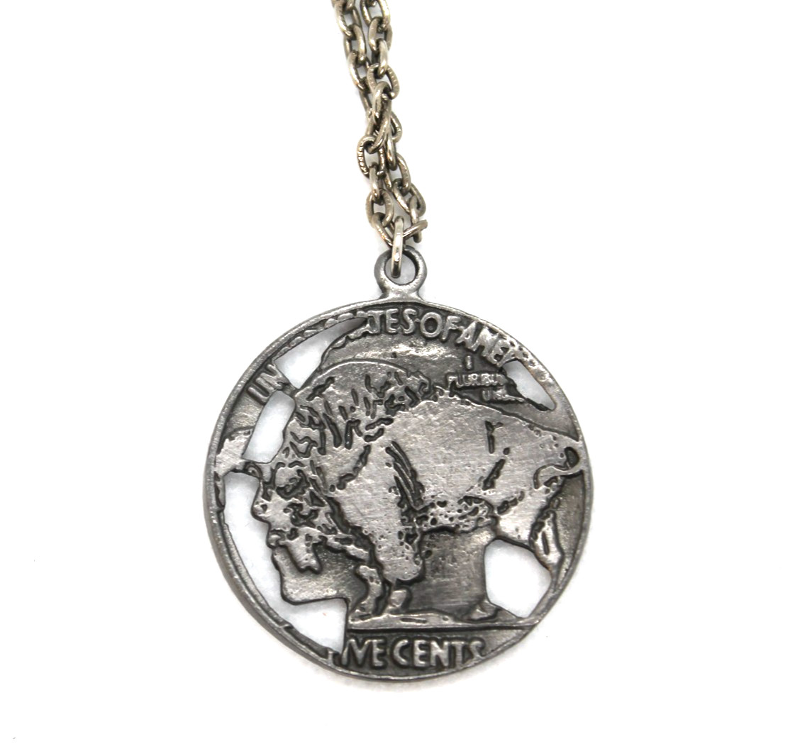 Reproduction Buffalo Nickel Cut Out Pendant Necklace, Large 1.5″ Native American