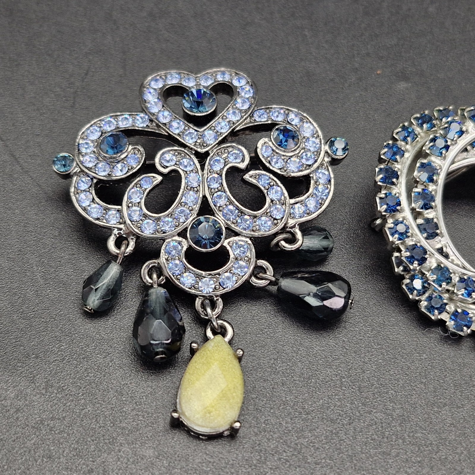 2 Vintage Silver Tone Sapphire Glass Rhinestone Brooches Deco Inspired 1.5-2″