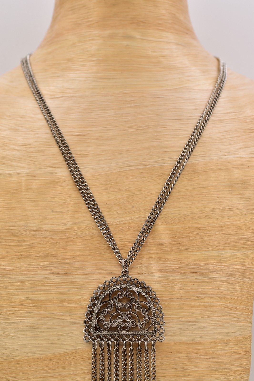 Vintage Silver Filigree Tassel Necklace Long Statement Fringe Chain 1970s Bin3C