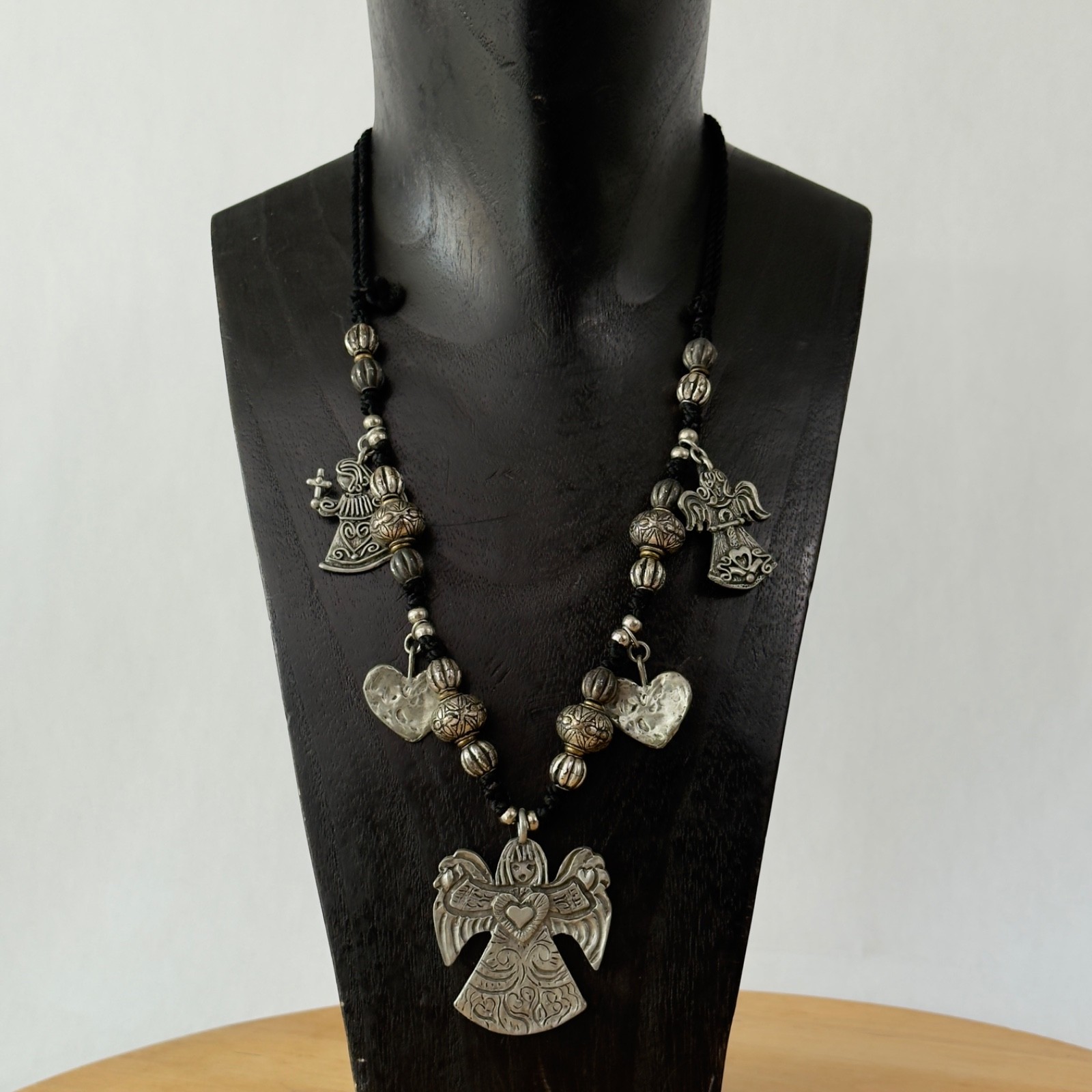 Vintage Signed MARCIE Beaded Pewter 3 Angels Cord Necklace Faith, Hope & Charity