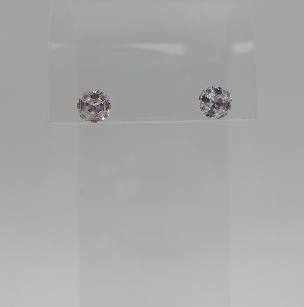 925 C Signed 5mm CZ Sterling Silver Square Faceted Cushion Cut Stud Estate Glam