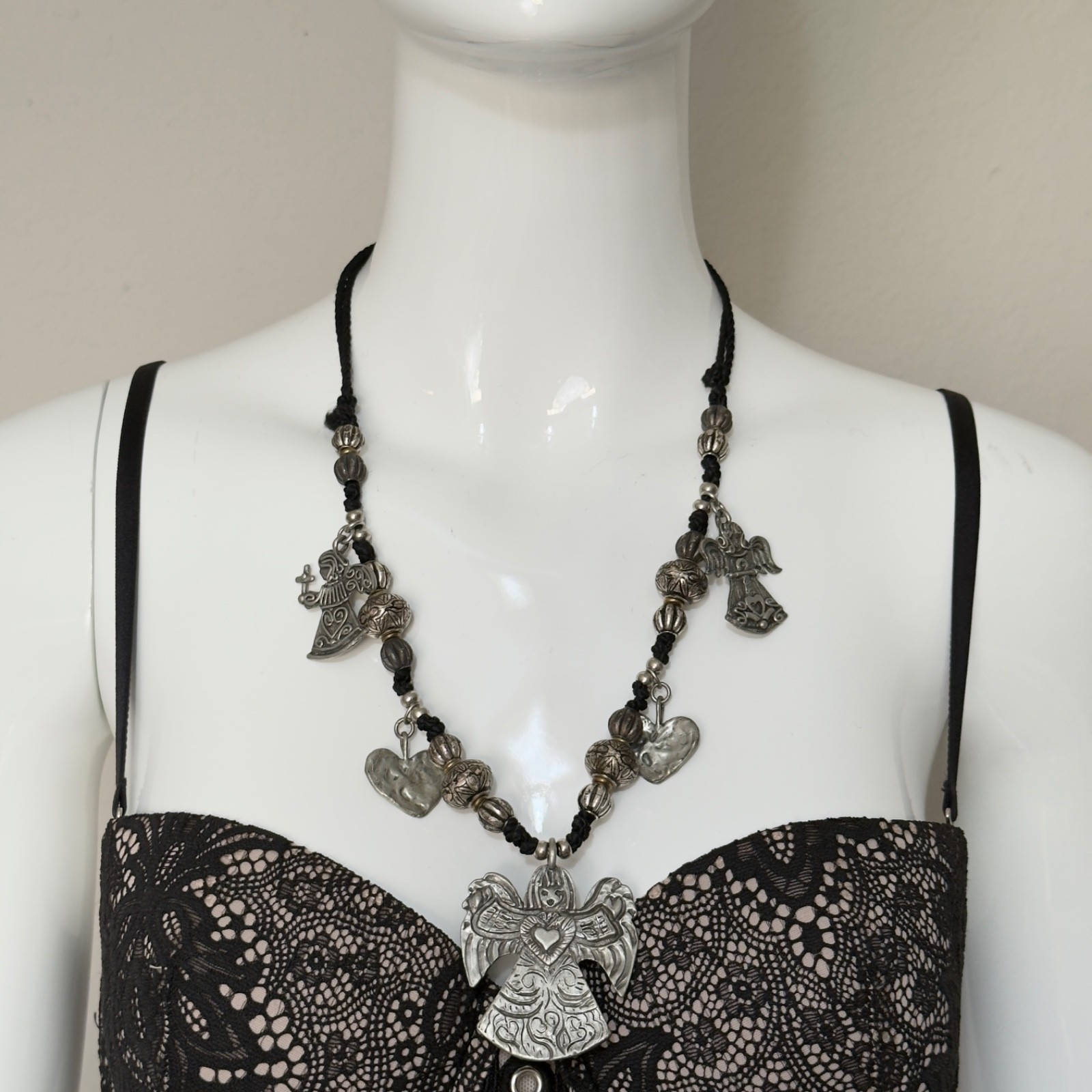 Vintage Signed MARCIE Beaded Pewter 3 Angels Cord Necklace Faith, Hope & Charity