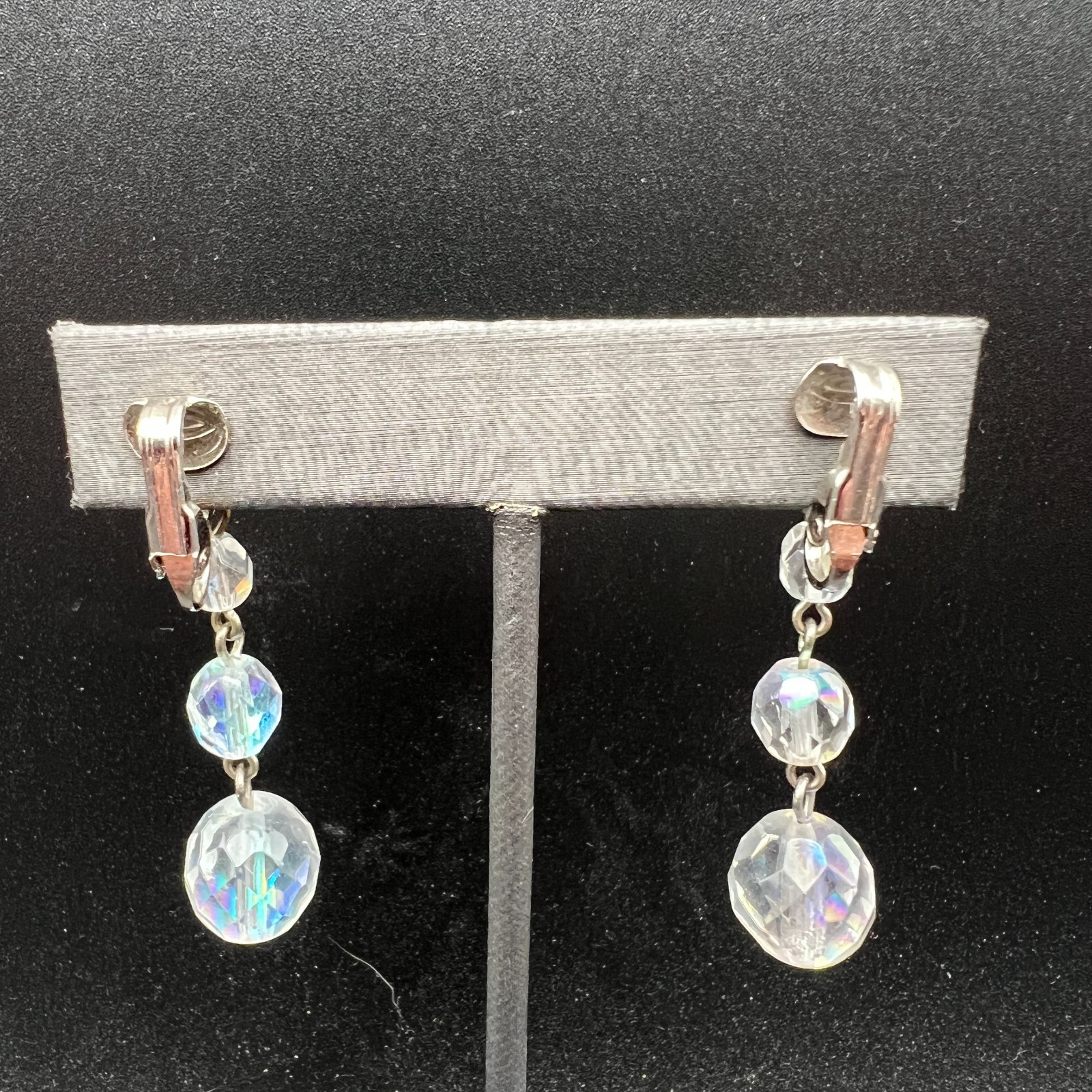 Vintage AB Clip On Earrings Faceted Crystal Dangle Drop Old Money Classic