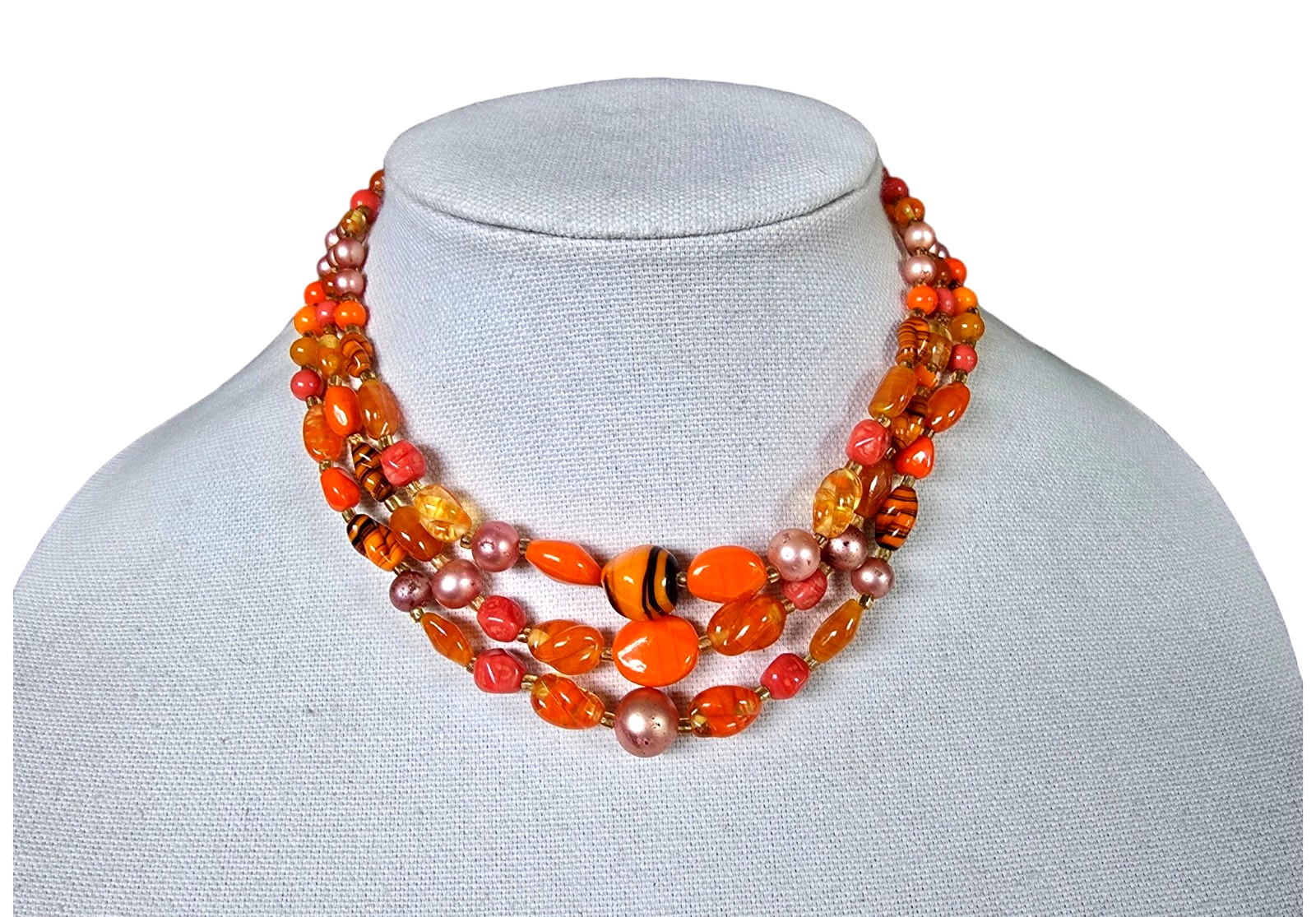 Vintage Japan 3 Multi-Strand Beaded Necklace Orange Pink Art Glass Beads