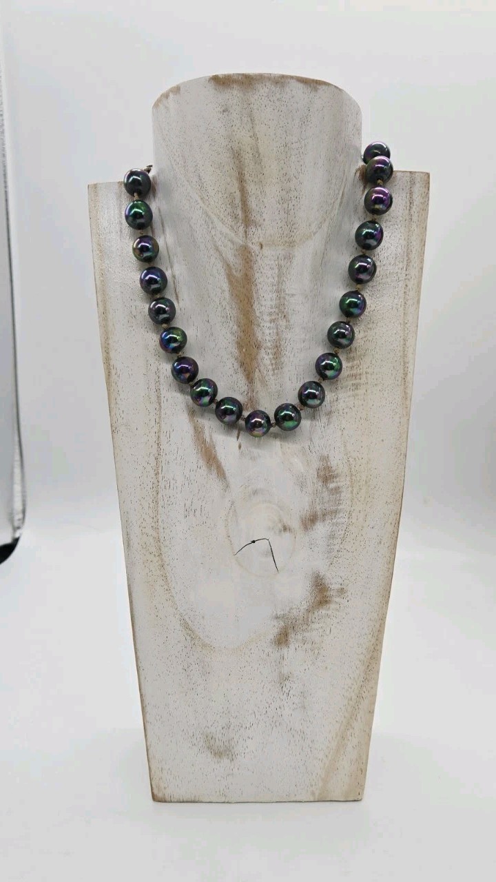 Peacock Black Pearl Hand Strung Beaded Choker Necklace Hand tied knot Vtg 16 in