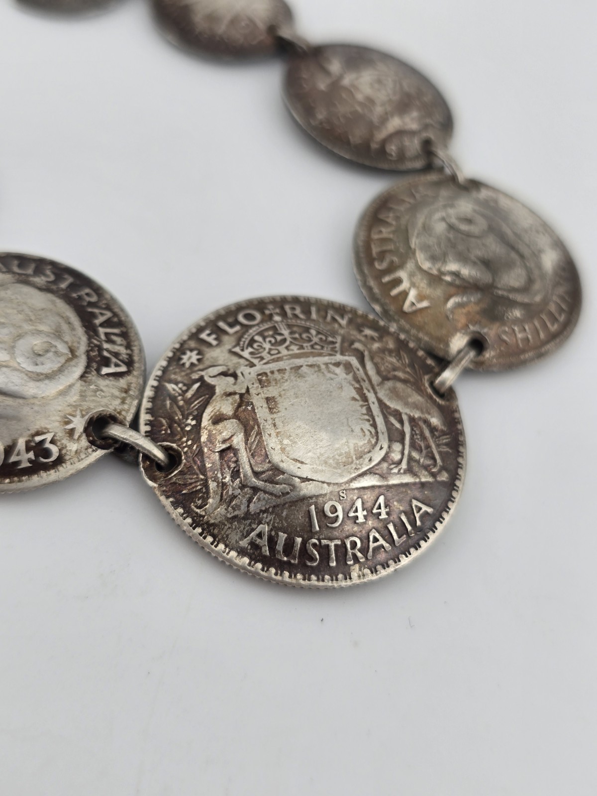 Vintage 1944 Australian Coin Trench Art Charm Link Artisan Bracelet