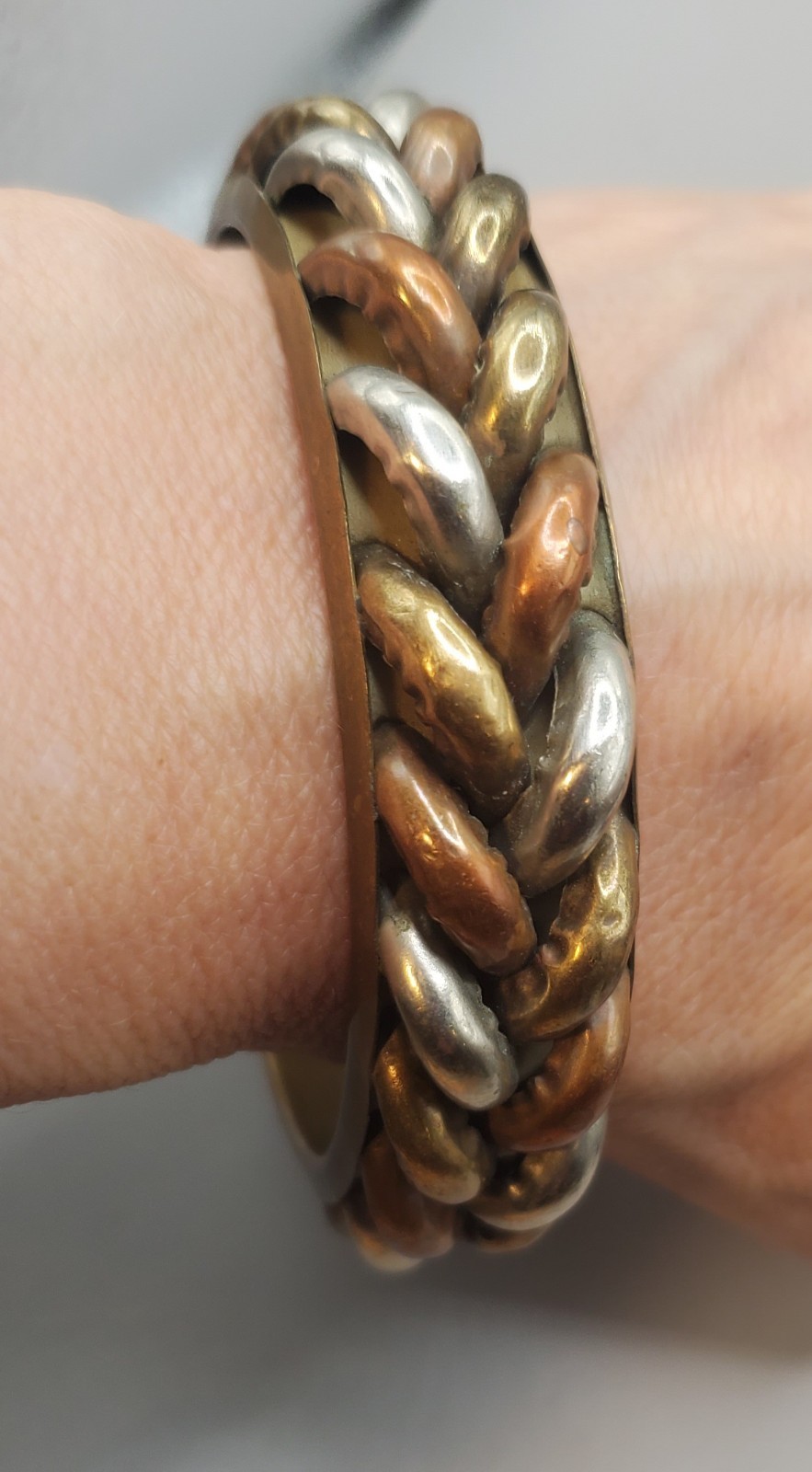 3 Vtg Tri-metal Brass Copper Bangles: Basket Weave, Braided, Rectangle Design