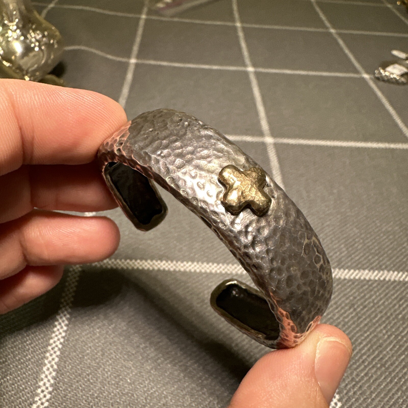 Vintage Dian Malouf 925 14k Hinged Small Cuff Bracelet Hammered