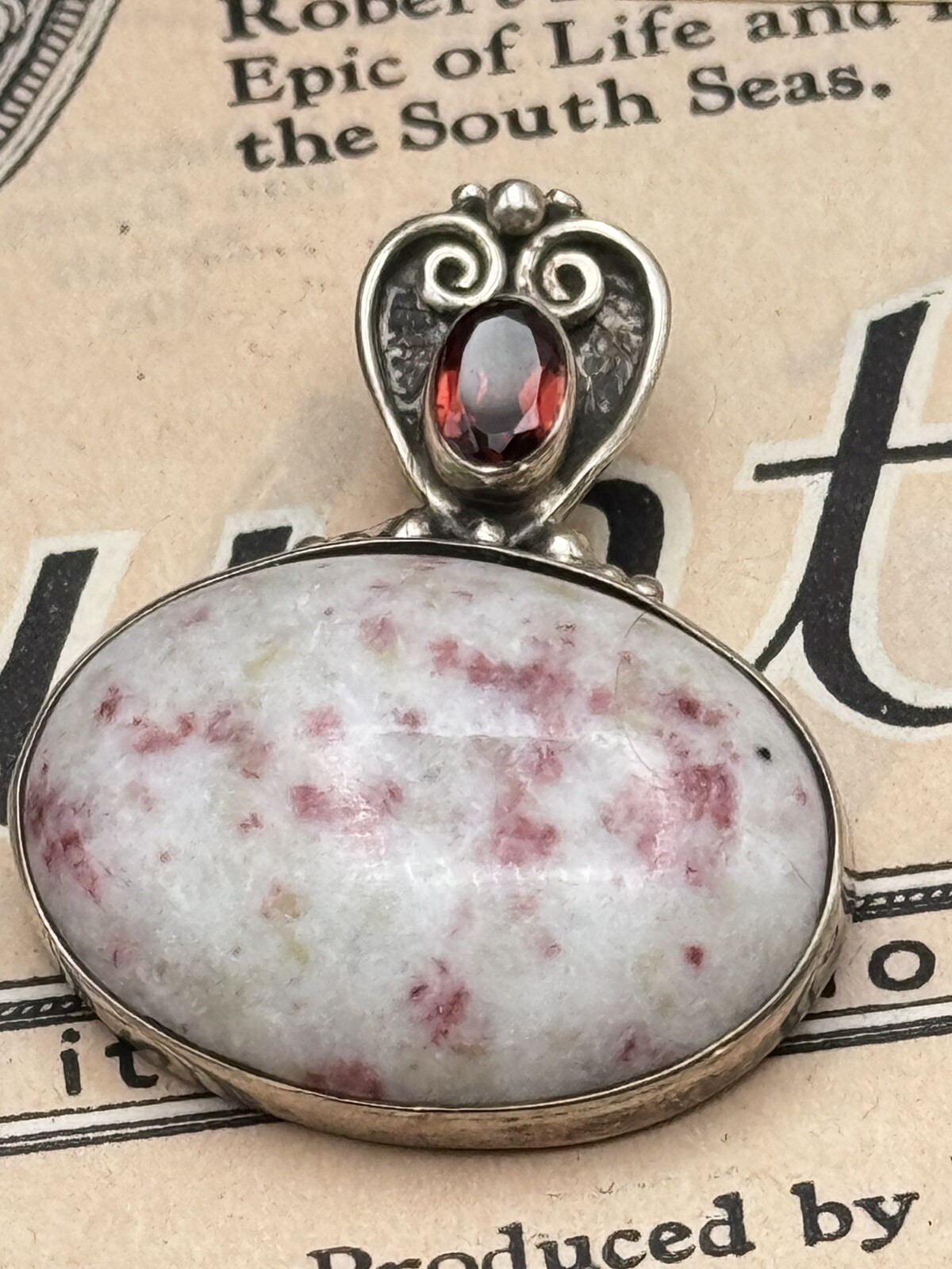 Vintage Pendant Sterling 925 Pink Flecked Stone Red Rhinestone ESTATE FIND