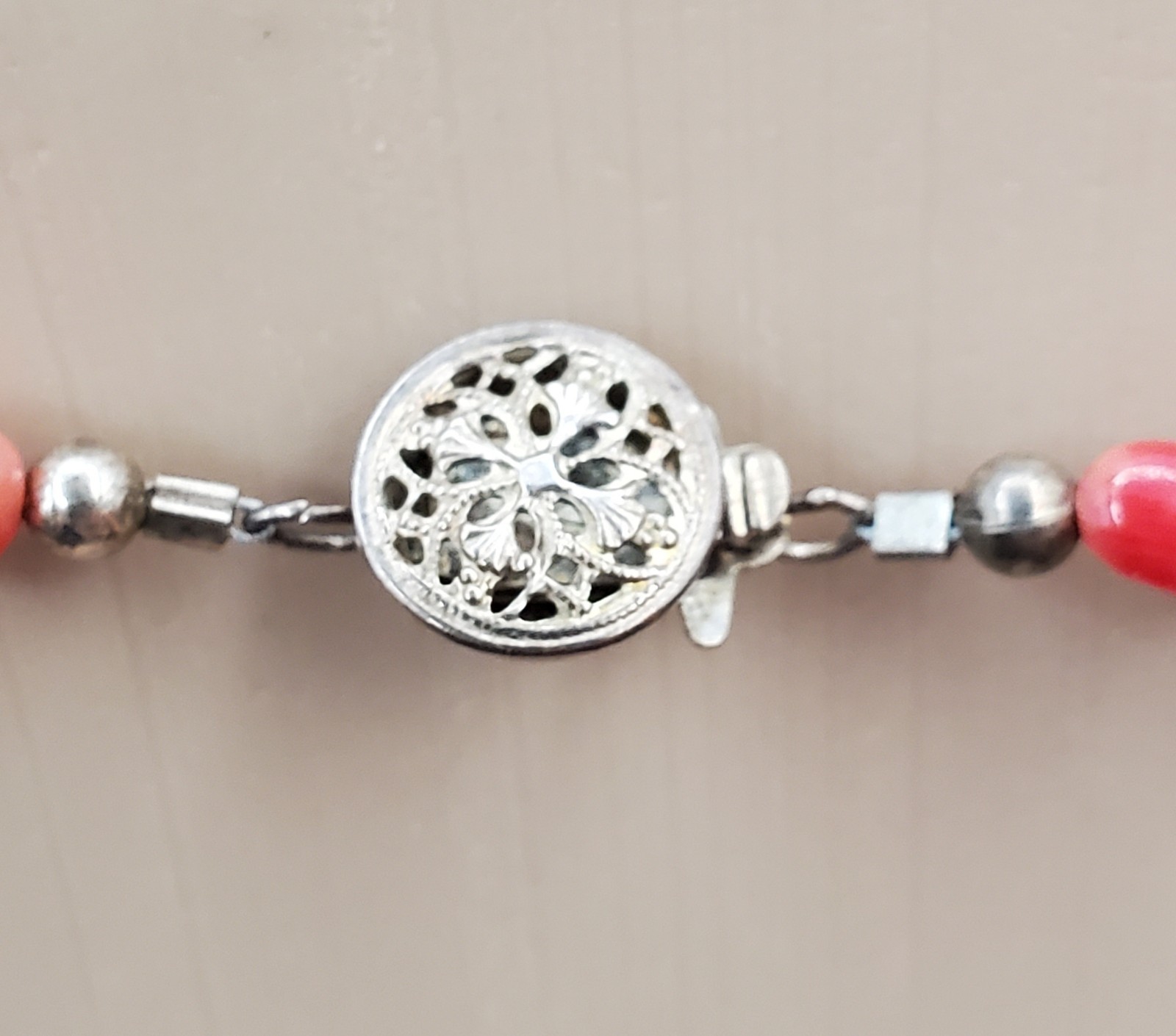 VTG 925 Red Coral Bead 17in Necklace Sterling Silver 15gtw Puffed Open Cross