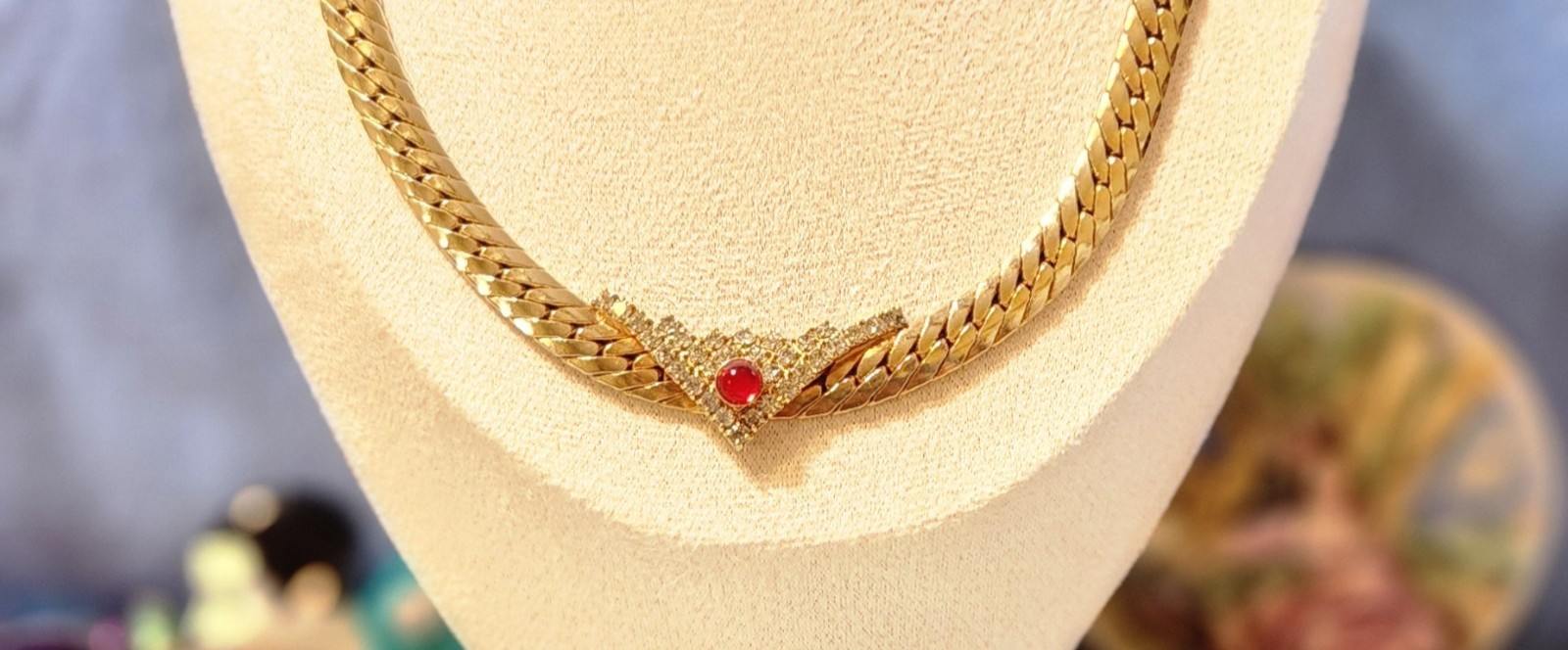 Flat Gold-toned Necklace V Shape Rhinestones Station Pendant & A Red Dot Glass