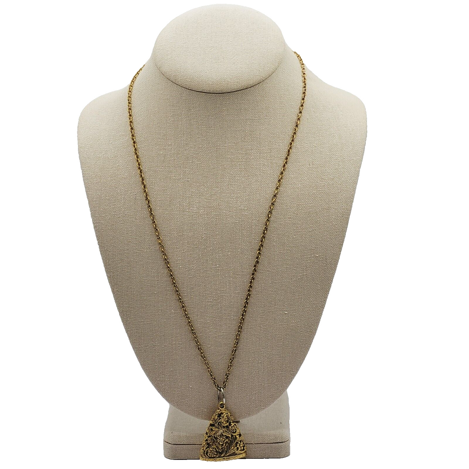 Renaissance Floral Triangle Filigree Pendant Necklace Gold Tone NO CLASP 24 Inch