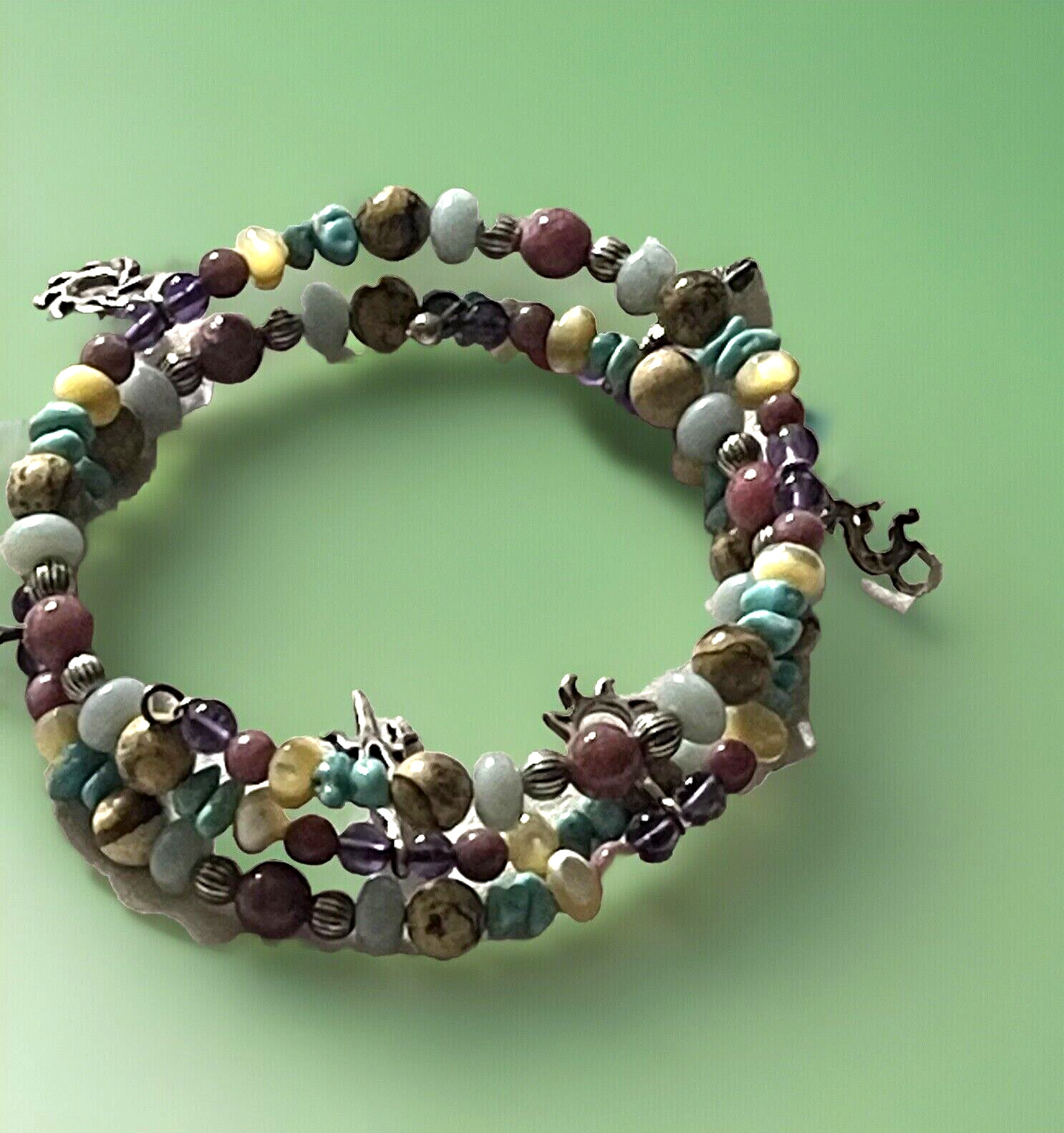 Vtg South Western Genuine Stone Bead Bracelet 6 Sterling Silver Indian Charms
