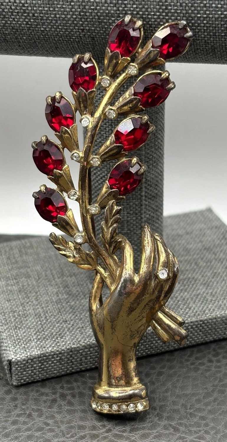 Vintage 4.25” HUGE Pot Metal Hand Holding Flowers Brooch Red Rhinestone