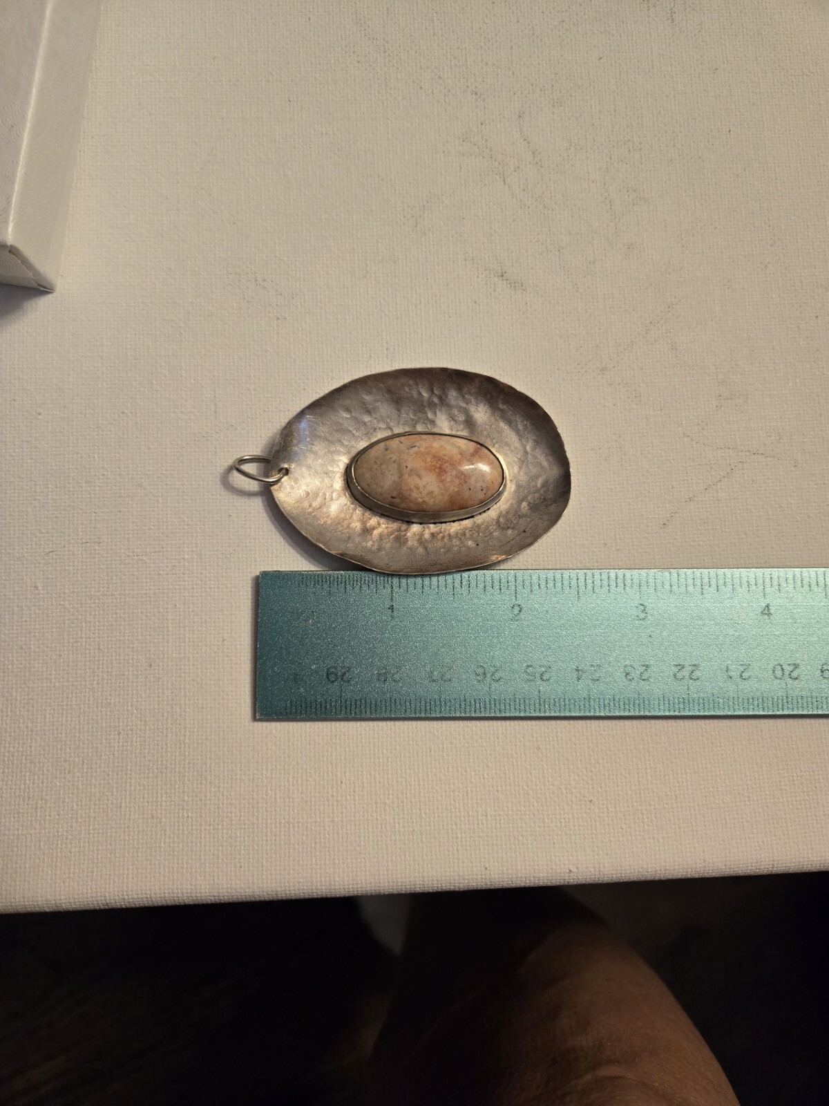 Vintage Oversized Oval Agate Hammer finish White Metal Artisan Crafted Pendant