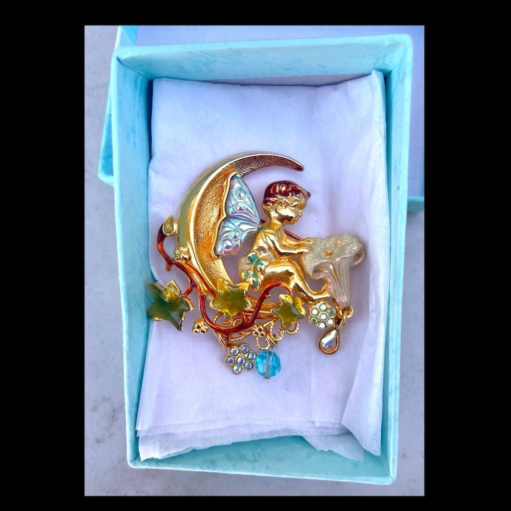 Vintage Kirks Folly Gold Fairy on Crescent Moon Dangle Brooch w/ Charms