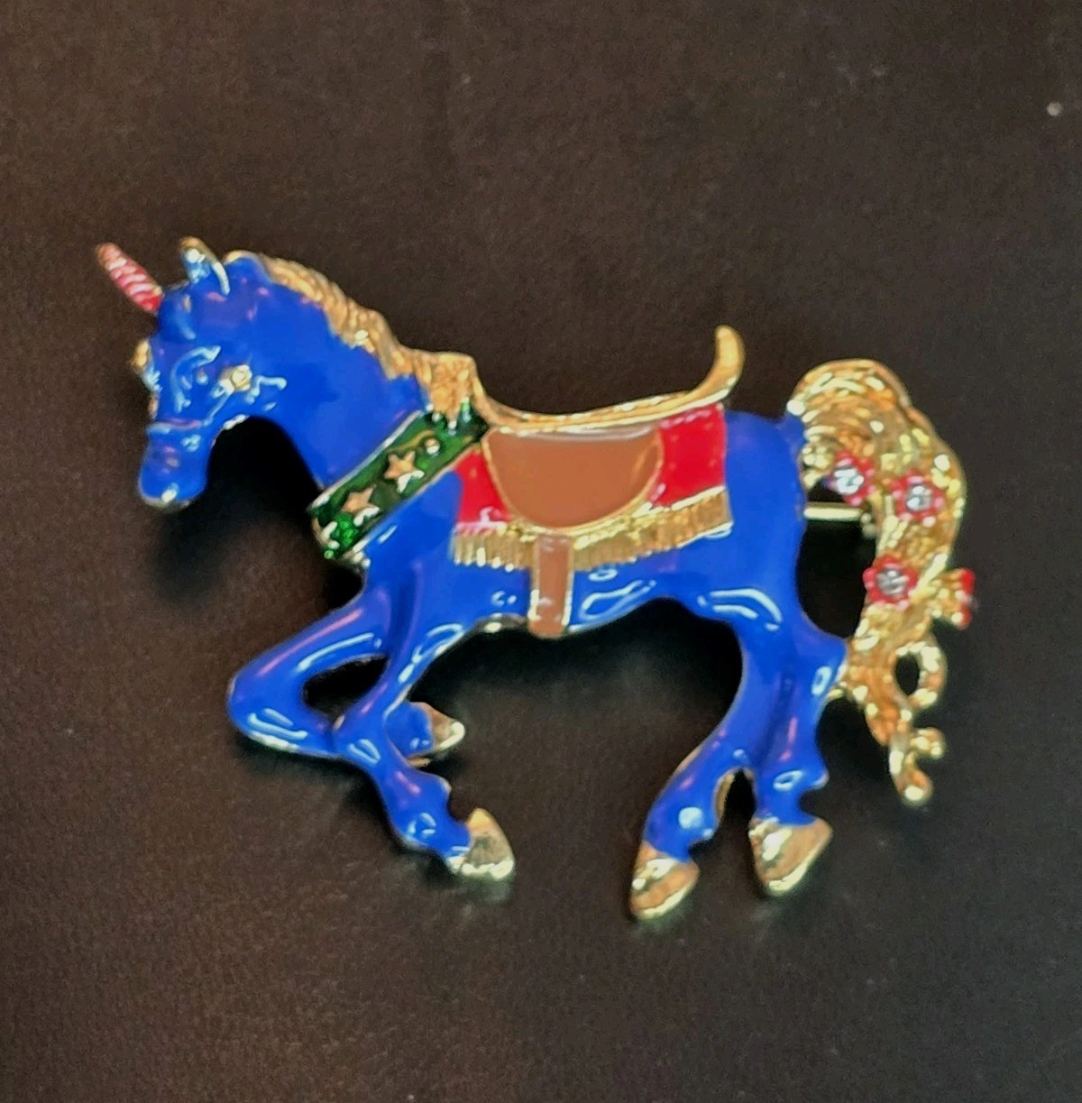 Blue Unicorn Brooch Enamel Gold Tone Rhinestone Tail Whimsical Fantasy Pin #935