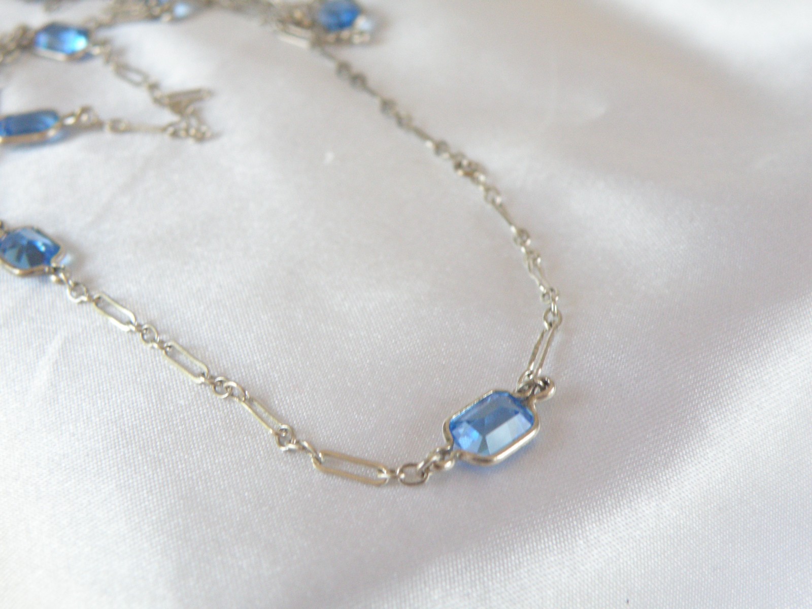 Antique Sterling Silver 925 Blue Gemstone Station Vintage Paperclip Necklace 25″