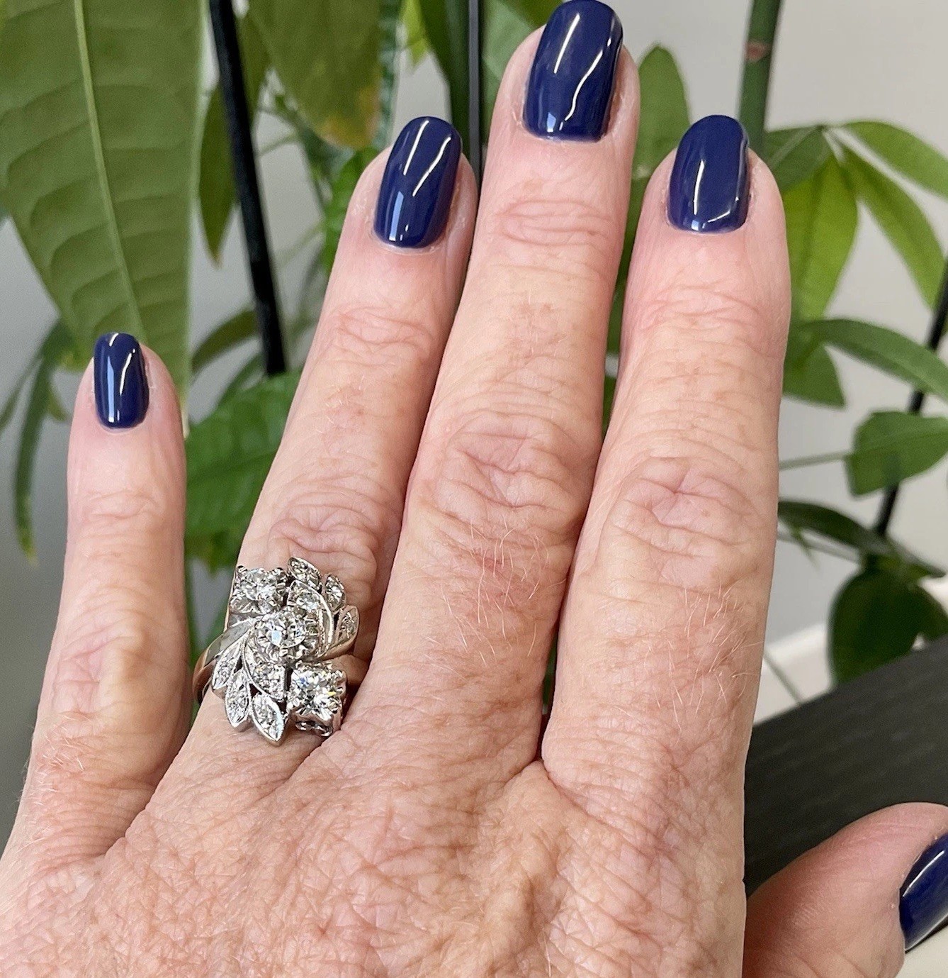 ANTIQUE RETRO NATURAL OLD EUROPEAN CUT DIAMOND COCKTAIL RING 14K WHITE GOLD