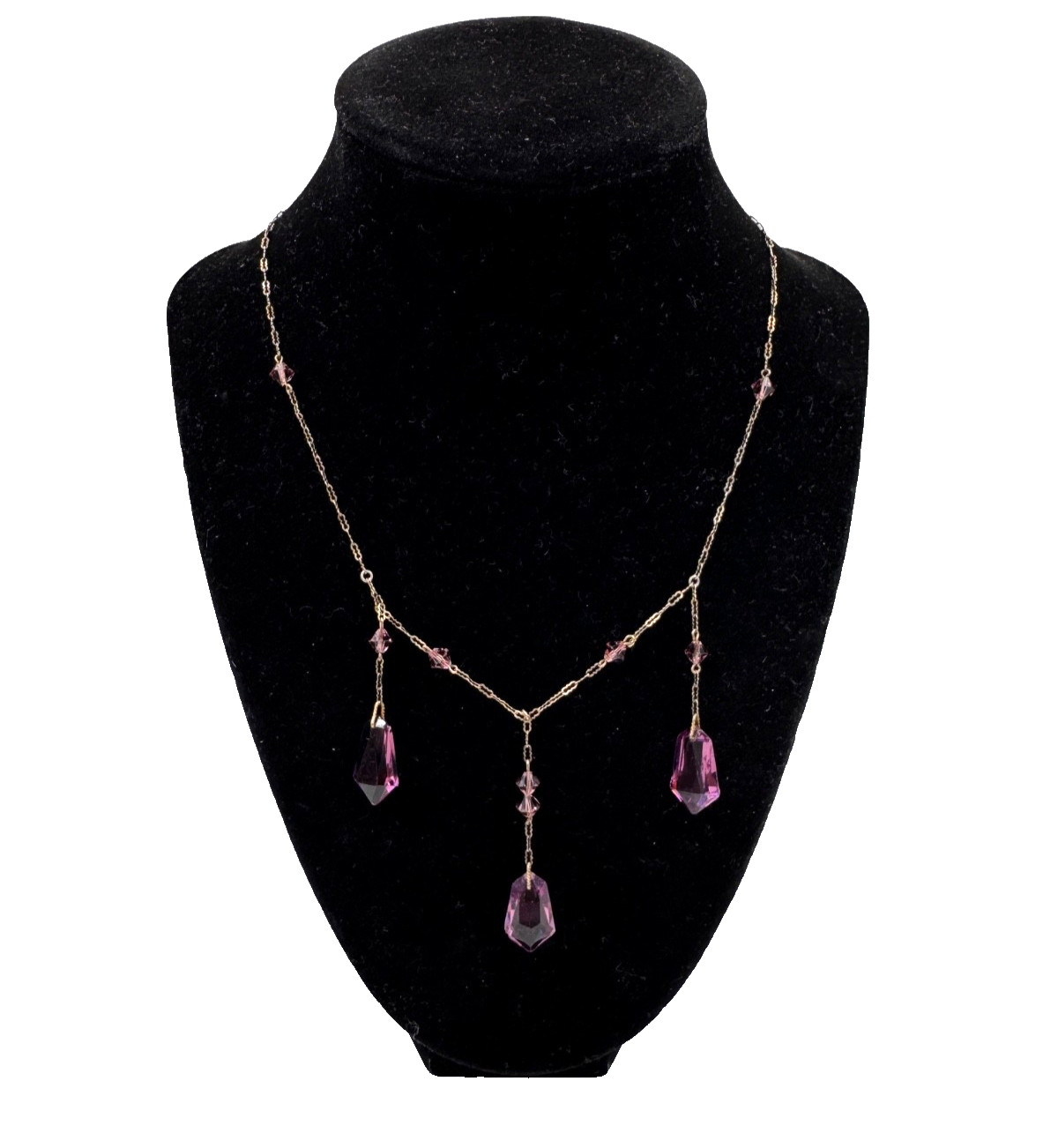 VICTORIAN ANTIQUE STERLING SILVER FESTOON CHAIN NECKLACE PURPLE GLASS DANGLES
