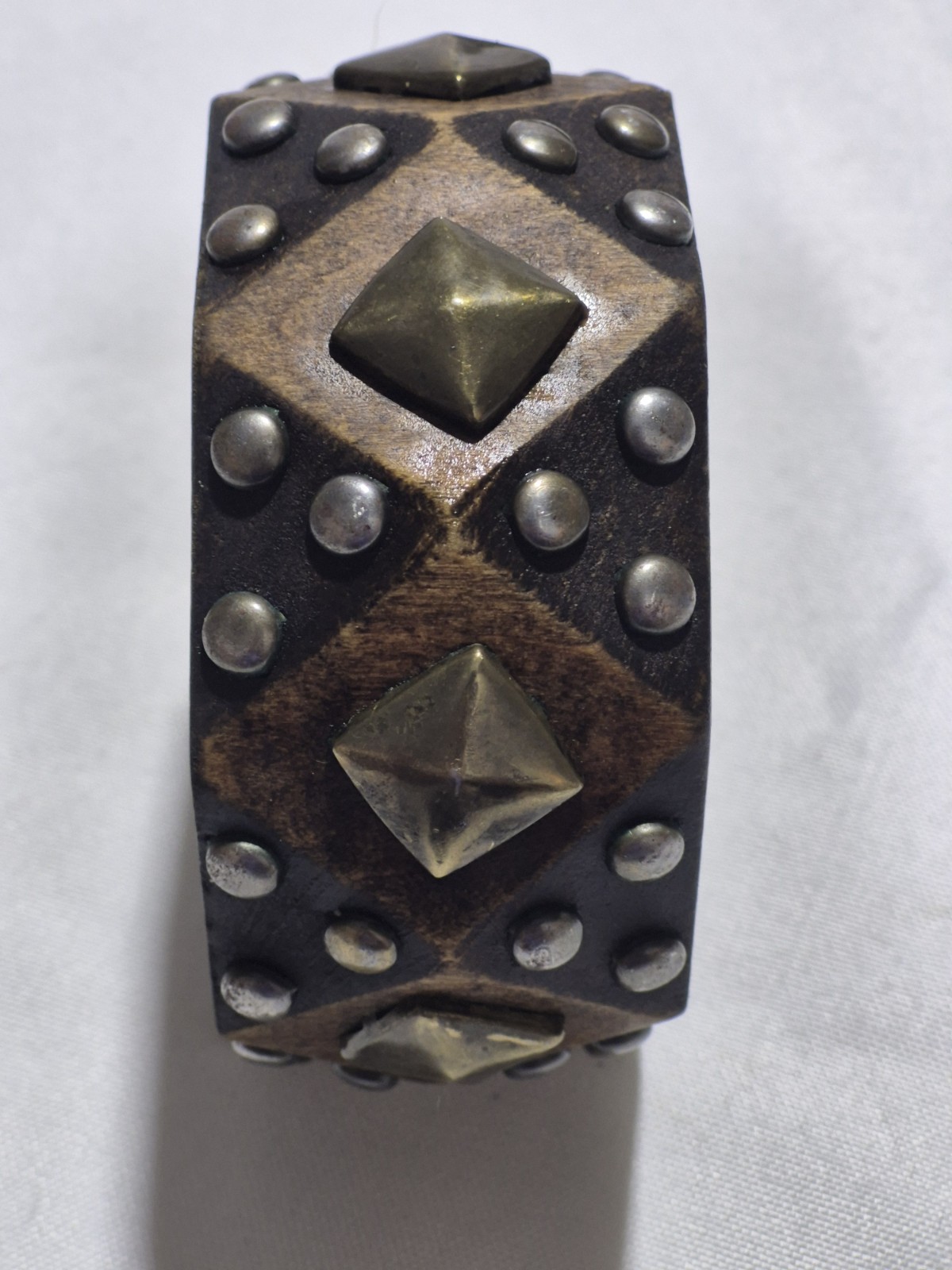 Vintage Brown Wooden Bangle with Gold Tone squares And Silver Studs Bracelet