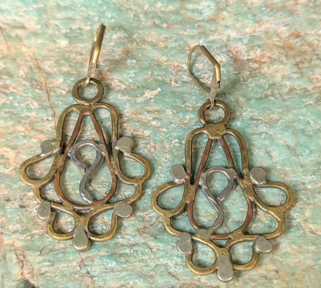 Vintage Artisan Mixed Metal Hammered Copper Brass Open Work Dangle Earrings