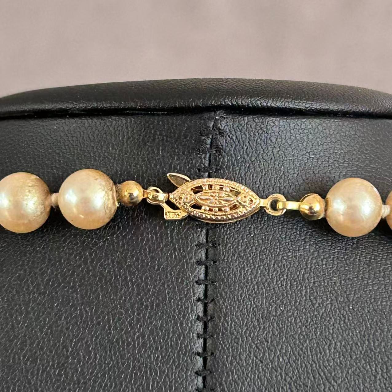 Vintage Champagne Faux Pearl Necklace Gold Tone Filigree Clasp Knotted 30″