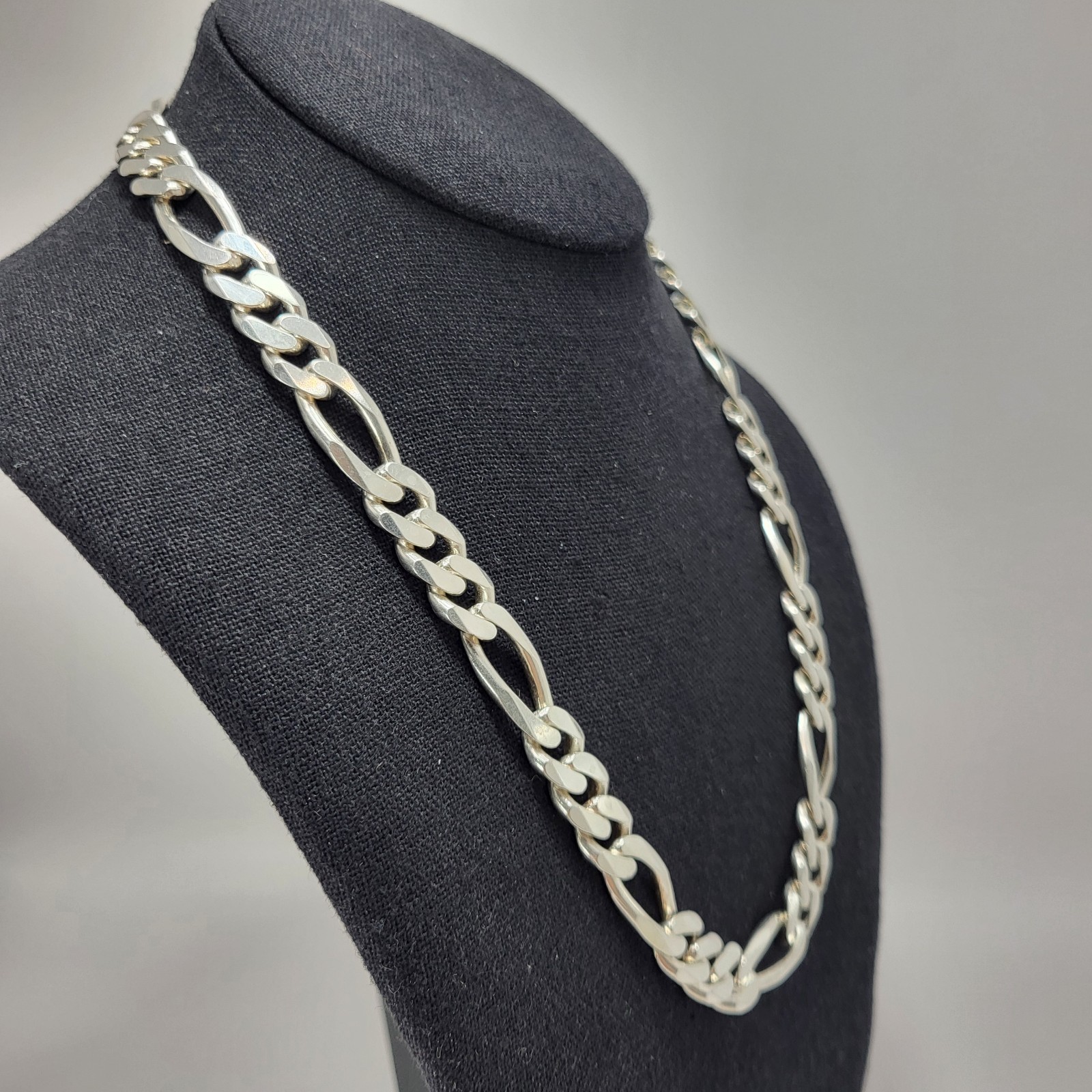 Vintage Italy Figaro Chain Necklace Rhodium Plate 20″ Sterling 89 Grams 11 mm