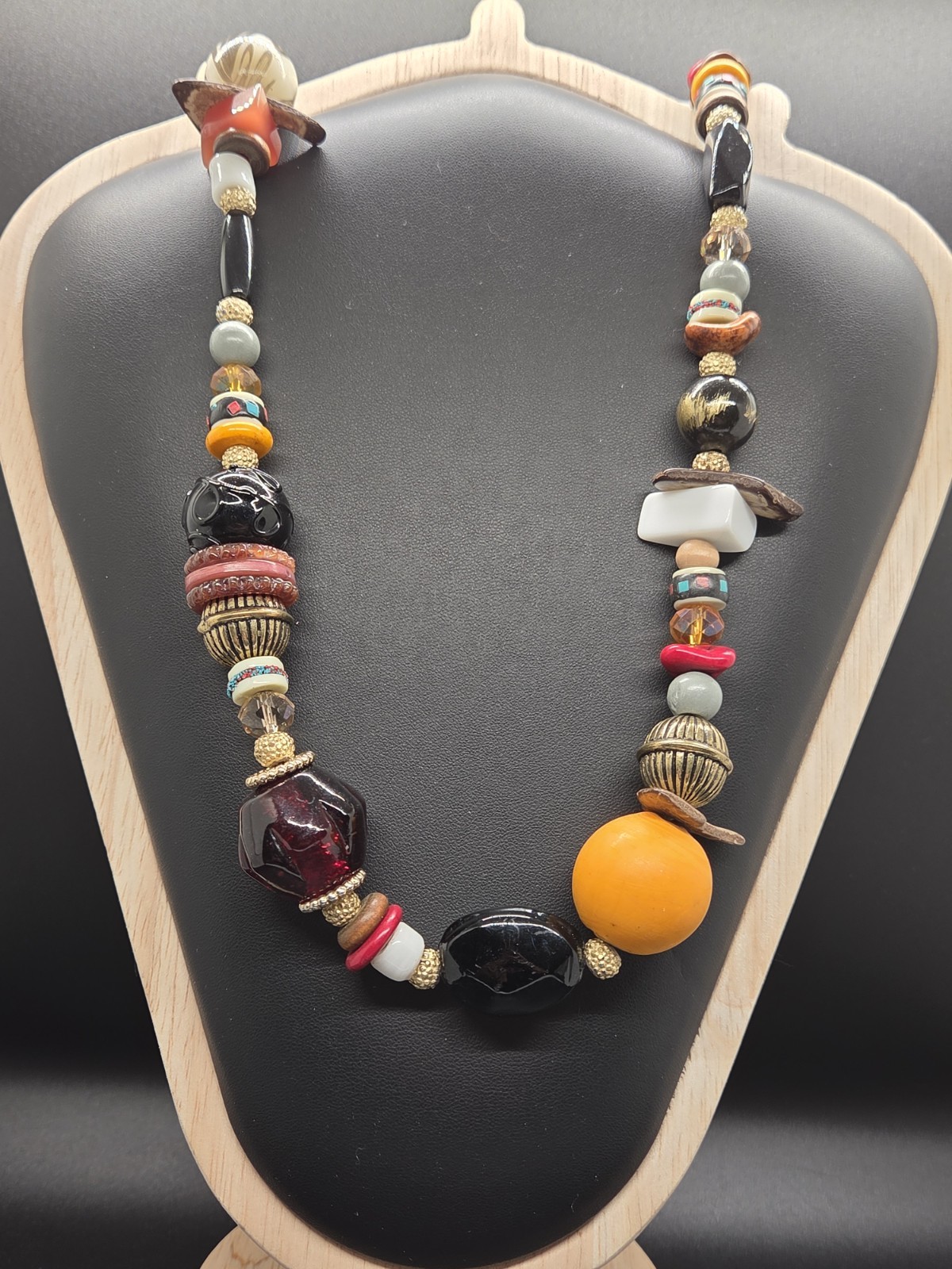 VTG Boho Necklace Artisan Glass Ceramic Lucite Stone Wood Fun Festival Beads 28″
