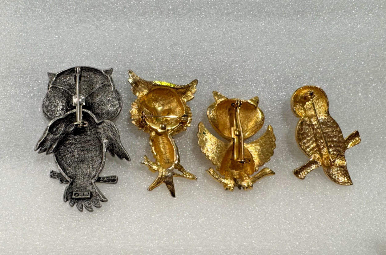 Lot of 4 Vtg Owl Bird Pins Brooches Rhinestones Mixed Metals Articulated Jonette