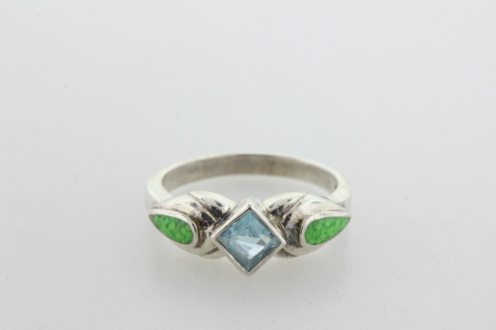 CW Sterling Silver 925 Vintage Blue Topaz & Green Turquoise Inlay Ring – Size 9