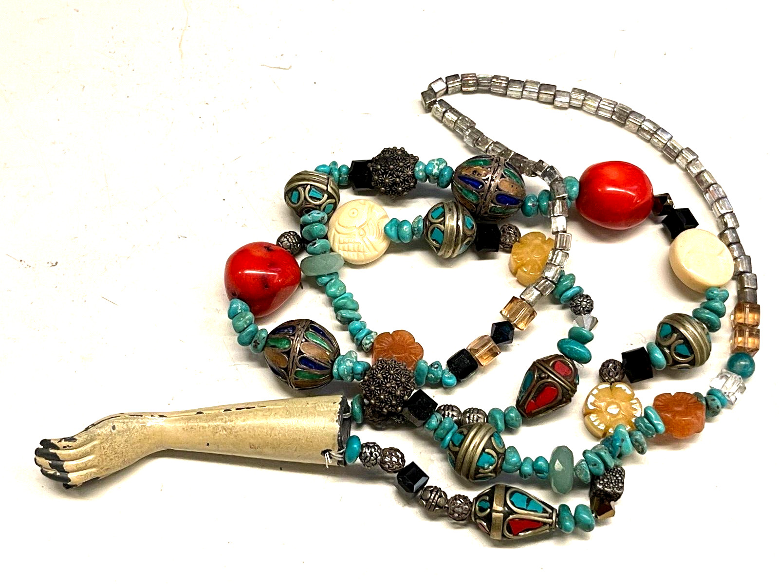 OOAK ARTIST MACABE MIXED BEAD NECKLACE ANTIQUE METAL DOLL ARM RIGHT HAND