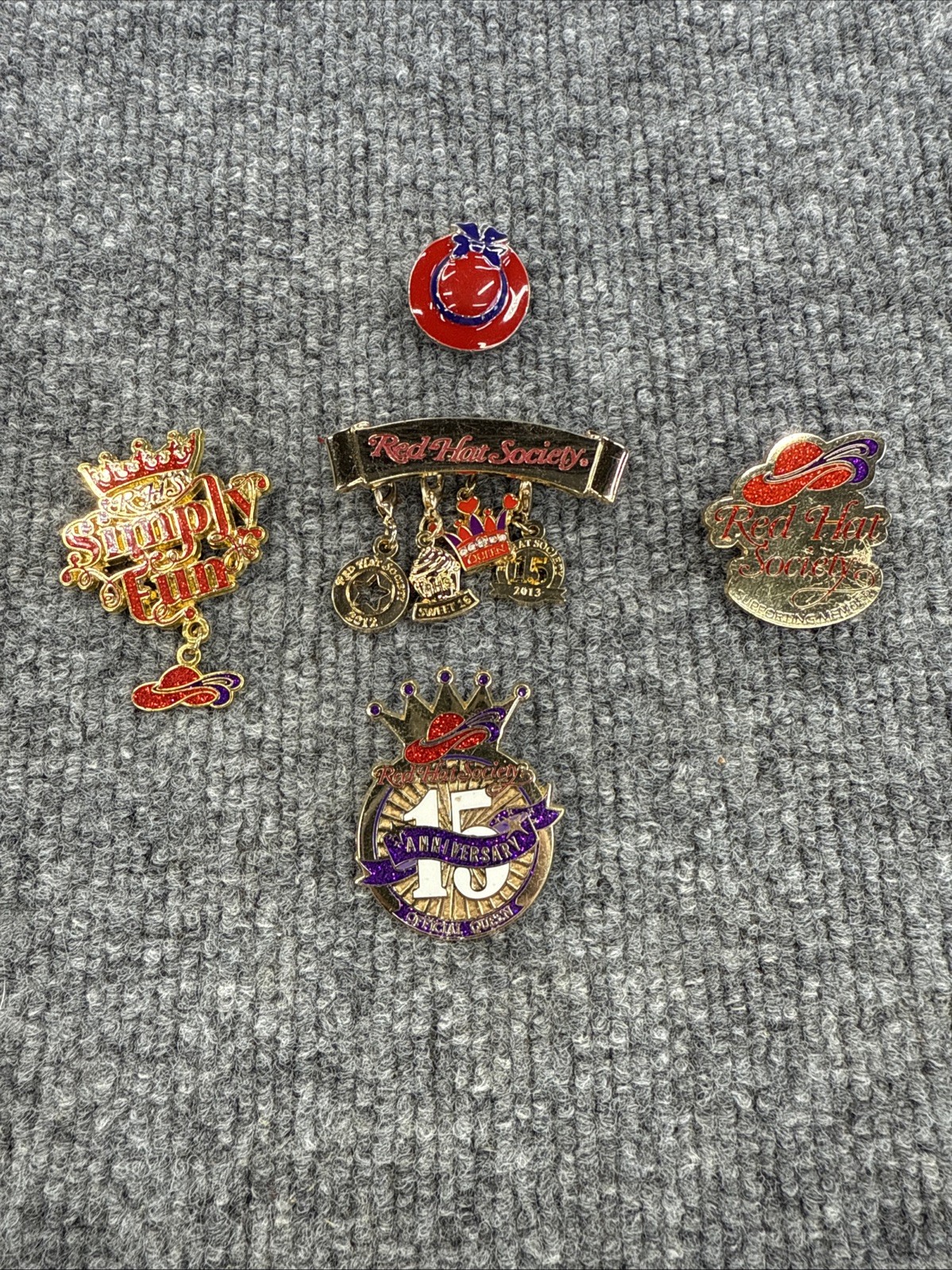 Lot of 5 Red Hat Society Enamel Pins – Anniversary, Simply Fun, Charms