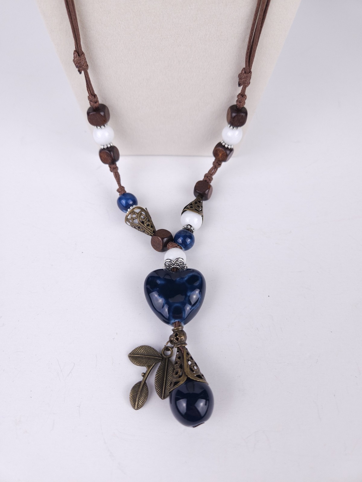Blue Ceramic Heart White Wood Brown Beaded Corded 26″ Necklace