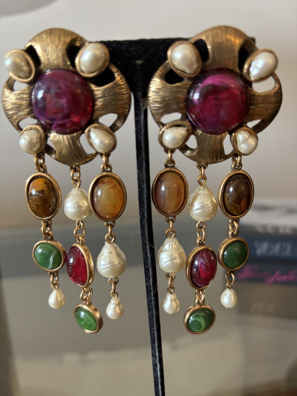 Vintage Oscar de La Renta Faux Pearl & Cabochon Chandelier Clip Earrings