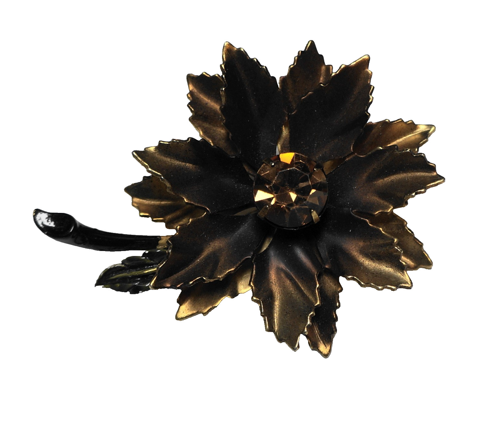 Chocolate Brown Bronze Tone Amber Topaz Rhinestone Flower Pin