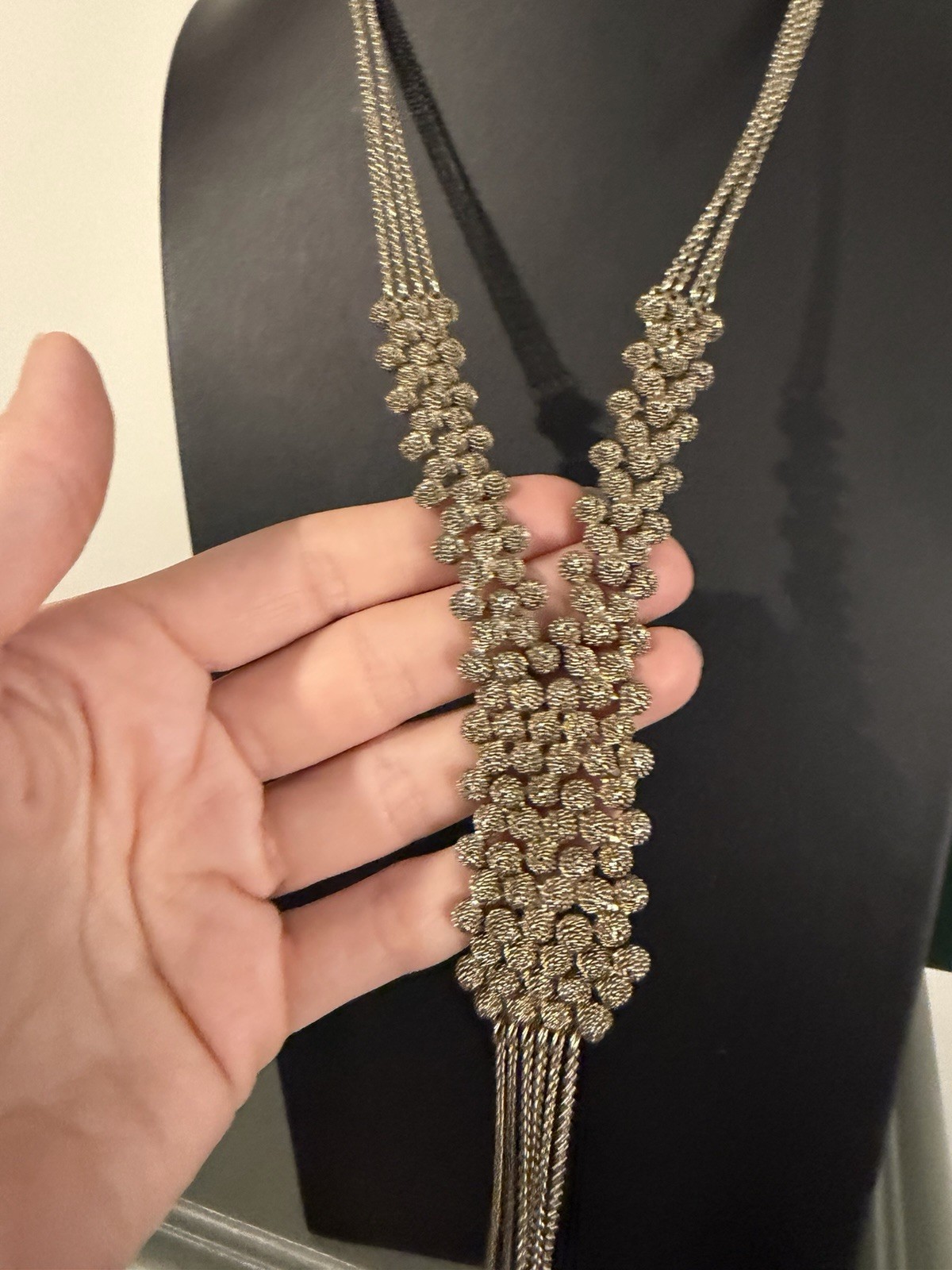 Vintage Silver Tone Statement Bib Necklace Tassel Fringe Cluster Bead Glam 70s