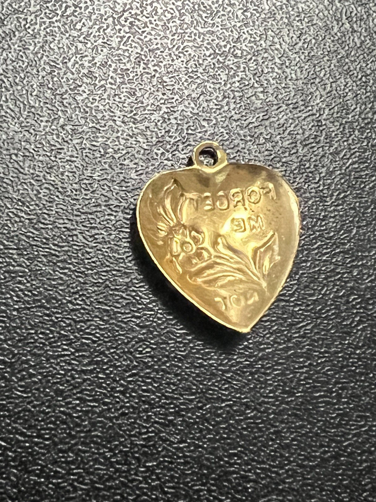 Heart Charm Pendant Necklace Vintage Brass Metal Stamping Forget Me Not .75”