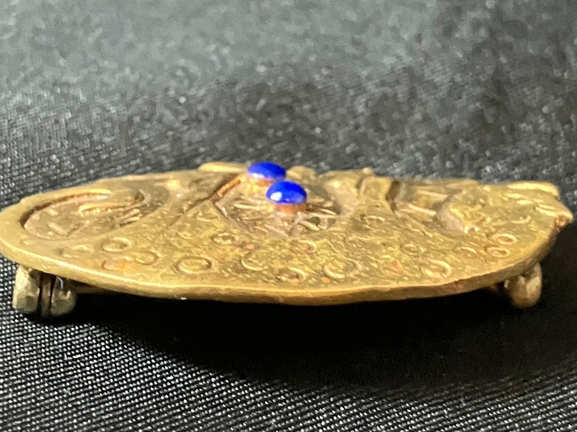 Vintage Leopard Brass Brooch Safari Jungle Lapis Lazuli Gold Wash Artisan Pin